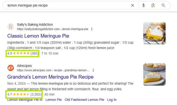 A Google search result for "lemon meringue pie recipe", with green boxes highlighting each result's rating information