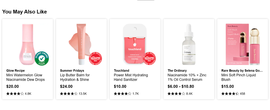 A "You may also like" list on the Sephora site showcasing recommened beauty products