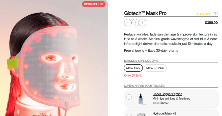 LED Esthetics product page for a red light therapy mask