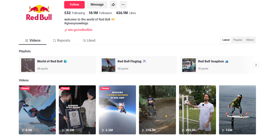 Screenshot of RedBull TikTok account page with rectangle photo thumbnails