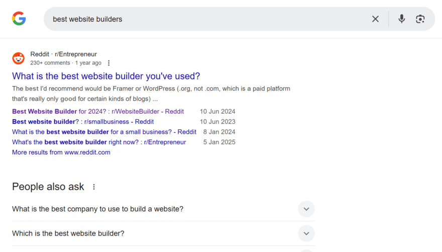 Google search page for "best website builders" showing a Reddit search result