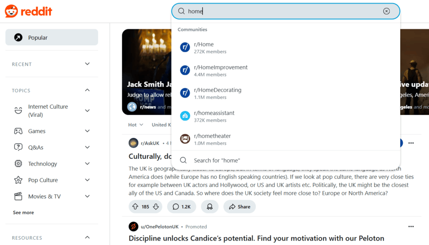 Reddit homepage with a dropdown appearing below the search bar for the term "home"