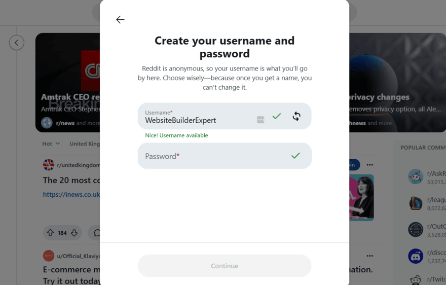 Reddit signup box pop up asking for a username and password