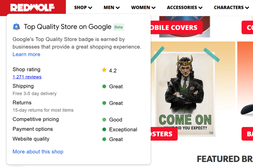 Google top quality store badge expanded to show website ratings for brand called Redwolf