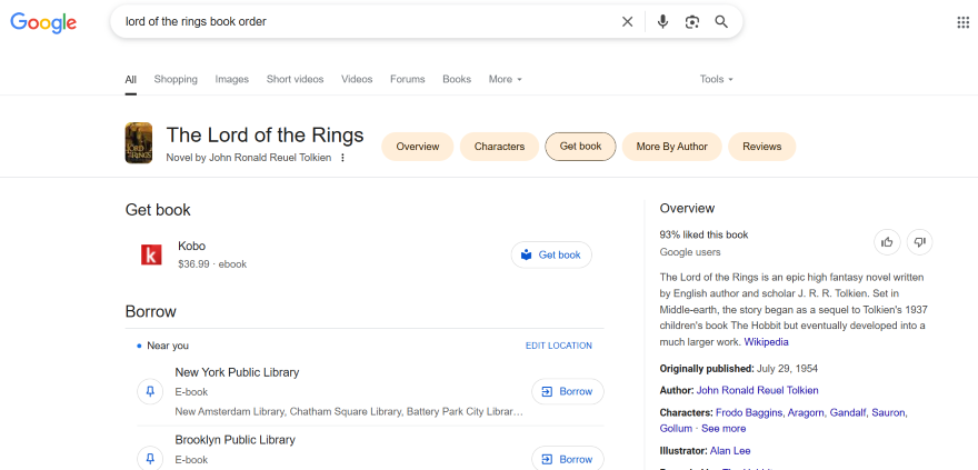 Search results for "The Lord of the Rings" book order, displaying options to buy and borrow the novel by J.R.R. Tolkien.