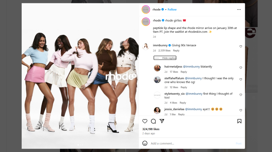 Screenshot of a photo from Rhode's Instagram with models promoting a new lip product