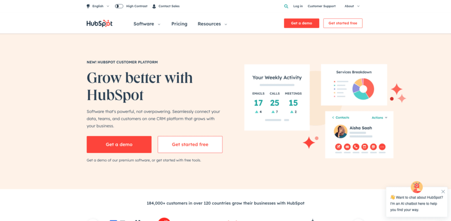 HubSpot homepage with a clear CTA button in orange to "Get a demo"