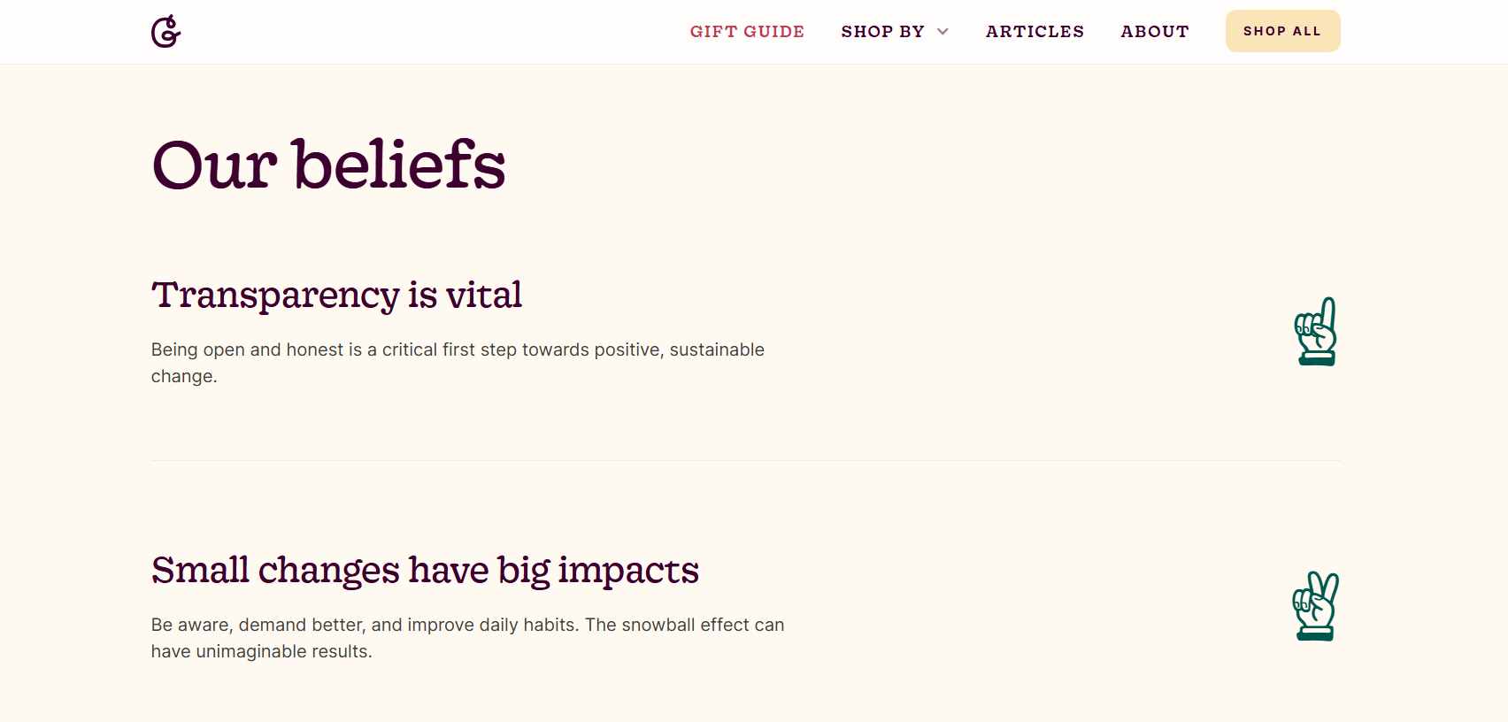 Text excerpt highlighting beliefs on transparency and small changes' impact, accompanied by playful hand icons.