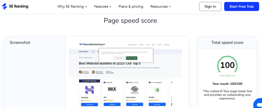 SE Ranking page speed score for WBE's Best Website Builder page