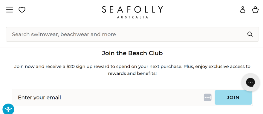 Screenshot of an email sign up from on Seafolly's website