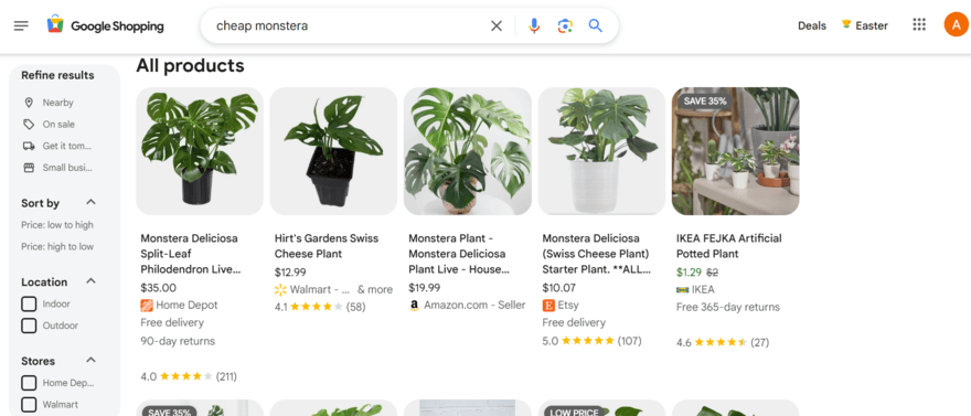 google shoppig results for cheap monestra, showing 5 plants