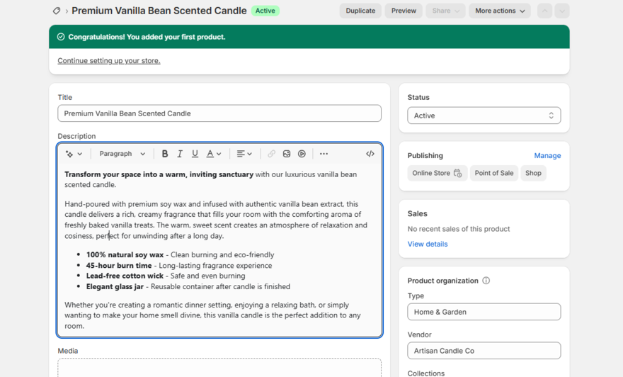 New product form filled out for a Shopify store
