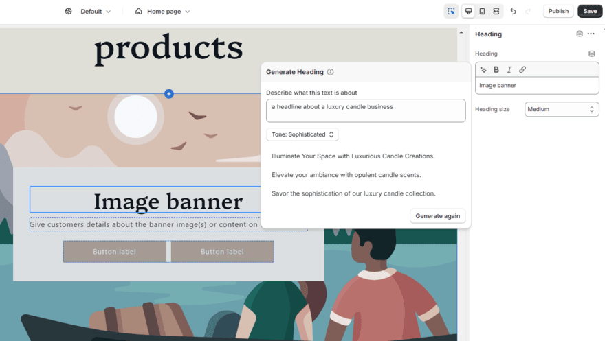 Shopify Magic being used in the website editor to generate text for a headline section