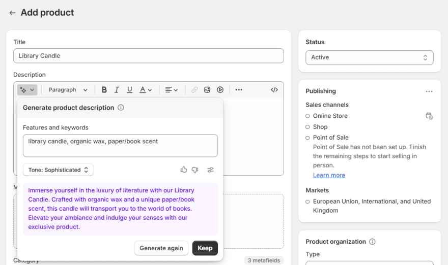 Generated product description by Shopify Magic for a library candle