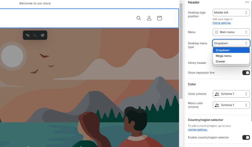 Shopify navigation bar settings showing the menu type options