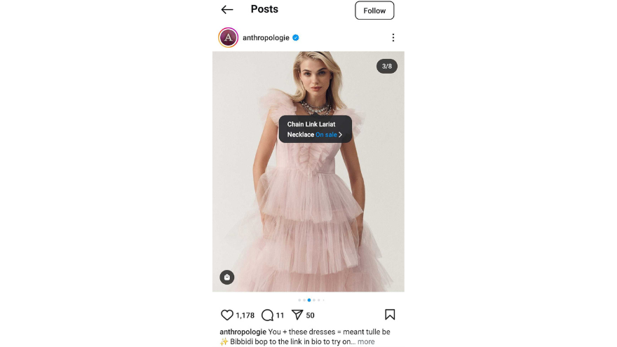 Screenshot of an Instagram shoppable post with a clickable link to a pink tulle dress