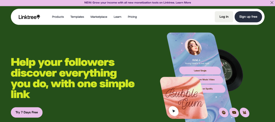 Screenshot of Linktree's homepage with "Sign up free" button on the top right