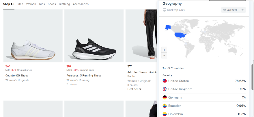 Screenshot of an Adidas product page with a pop-up showcasing popular countries for the webpage