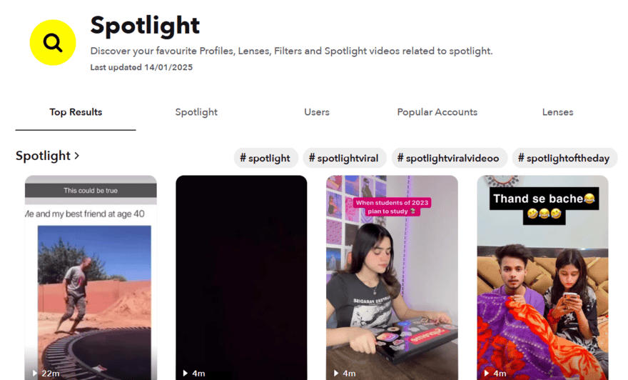 Snapchat Spotlight view on desktop showing top video results