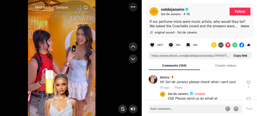 A TikTok video with an influencer interviewing a Coachella attendee with a mic