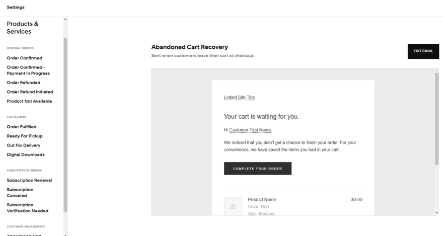 Abandoned cart email template in Squarespace account
