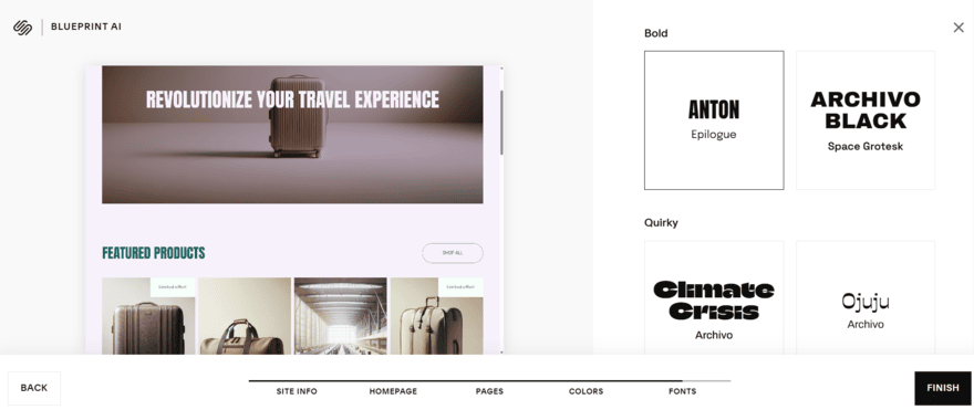 Squarespace Blueprint AI step to choose a font type for your website