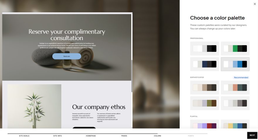 Squarespace Blueprint AI step to choose a color palette
