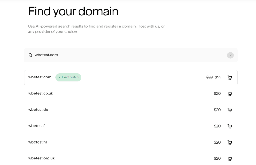 Squarespace domain name checker showing pricing and options for "wbetest.com"