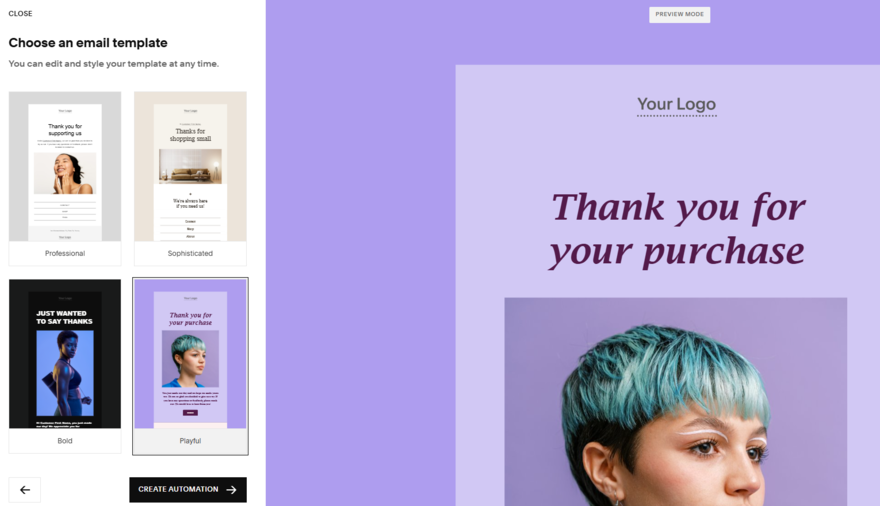 Squarespace email automation setup to thank customers for a purchase