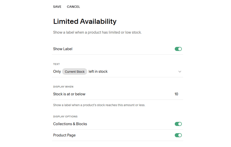 Squarespace settings page to add limited availability labels to products