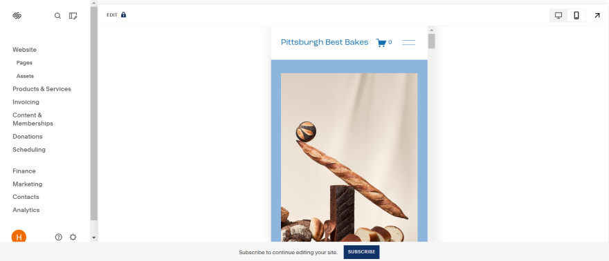 Screenshot of Squarespace's editor in mobile view for a test bakery website