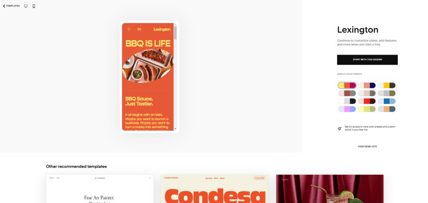 Squarespace template preview for a mobile screen