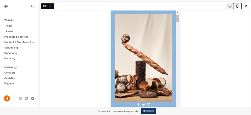 A squarespace site in mobile preview with a portait photo of bread