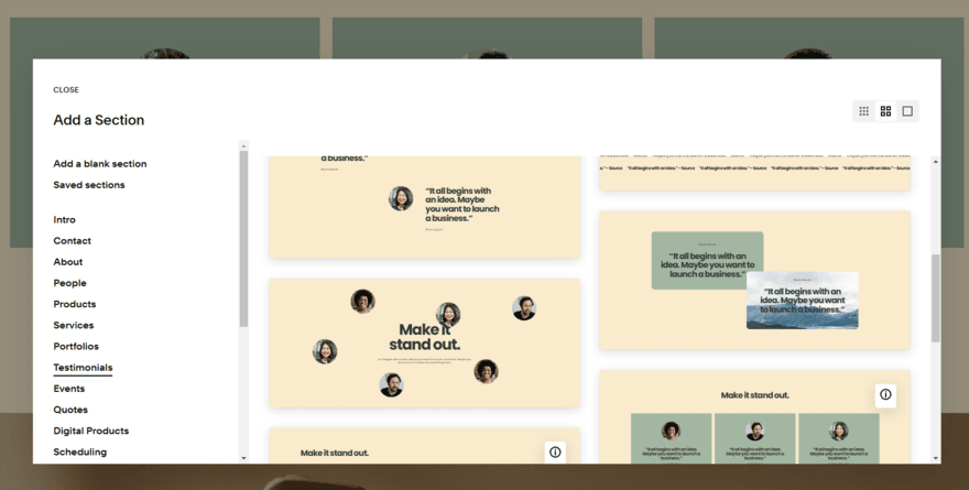 Pre-designed testimonial elements in Squarespace's editor