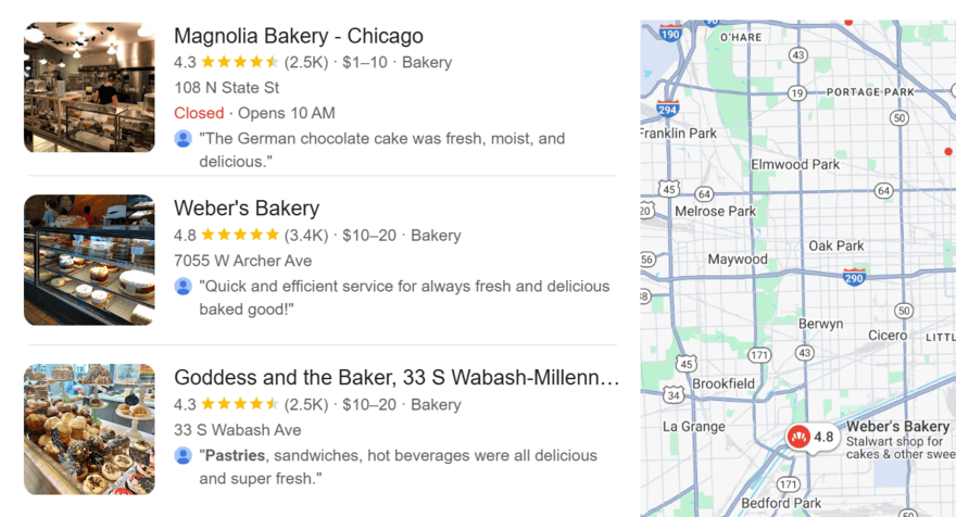 Star ratings in Google search results for bakeries in Chicago