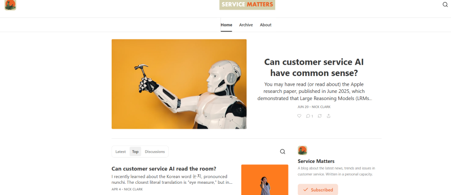 A robot arm extending towards an orange backdrop, featured on a blog discussing AI in customer service.