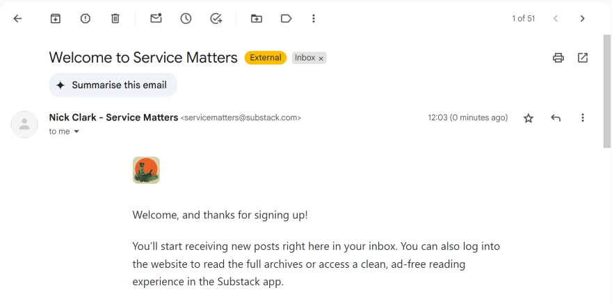Email welcoming the user to "Service Matters," detailing benefits of subscription and access to content via the Substack app.