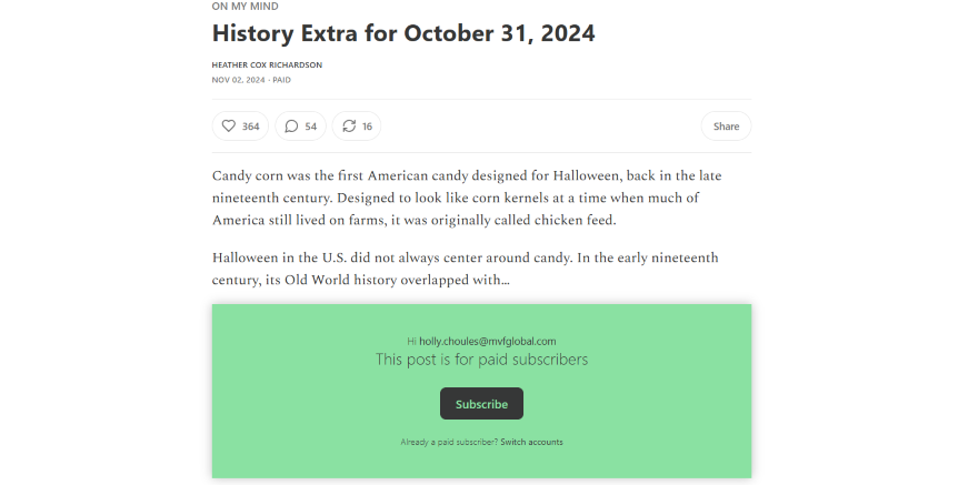 Article titled "History Extra for October 31, 2024" discussing candy corn's origins and Halloween's historical context, presented by Heather Cox Richardson.