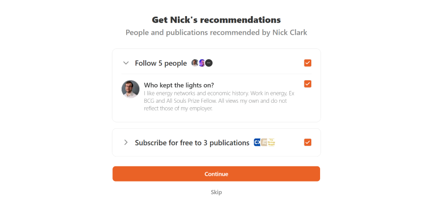 Screenshot of a web interface displaying Nick Clark's recommendations, including options to follow people and subscribe to publications.