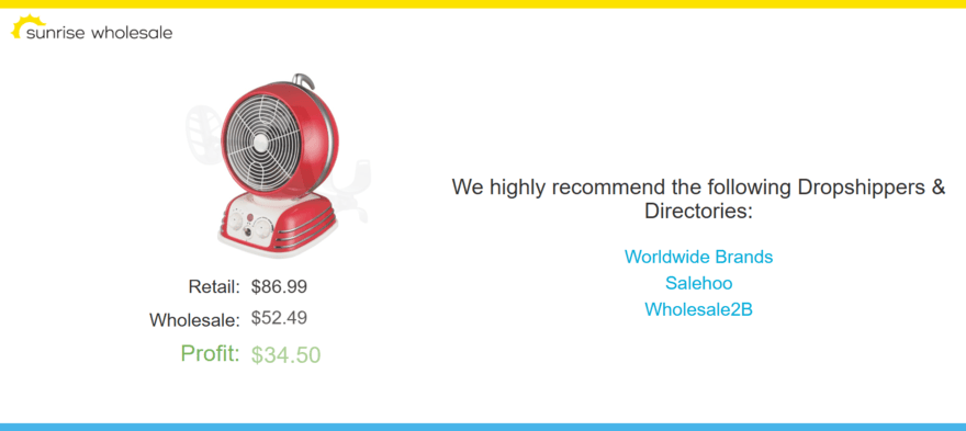 Sunrise Wholesale dropshipping homepage