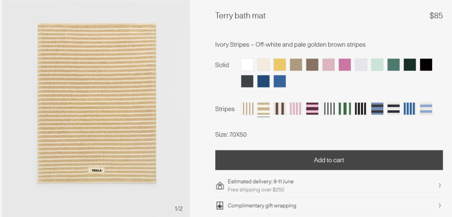 Tekla bath mat product page with different color variants to toggle between
