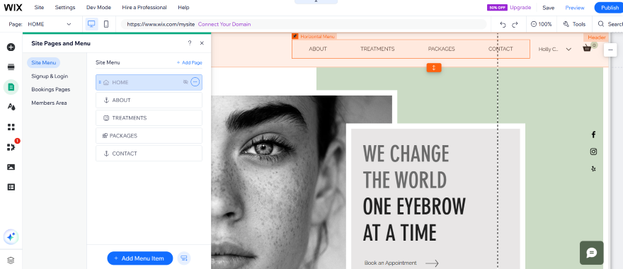 Screenshot of Wix's editor when testing out a professional template