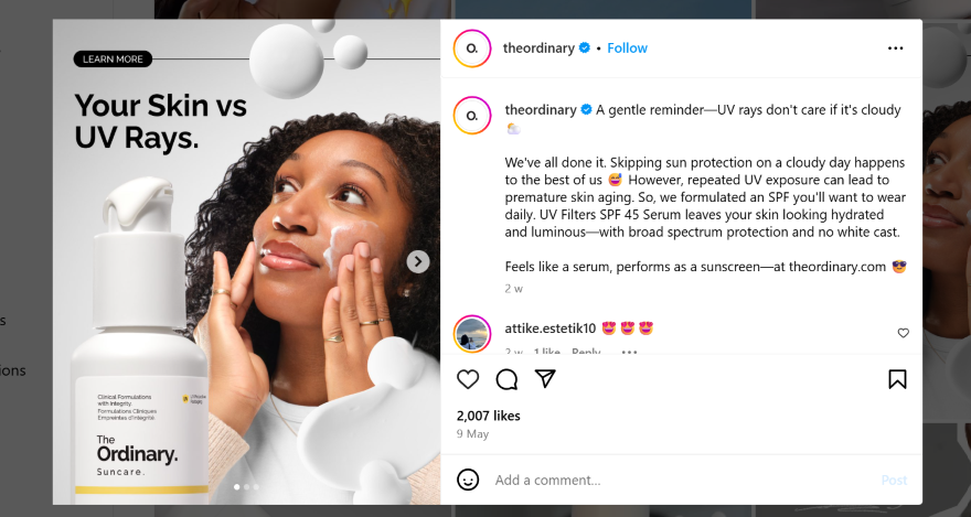 Screenshot of an The Ordinary Instagram post and bio on UV rays