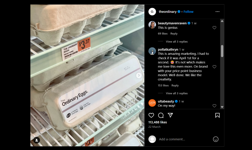 An Instagram post with a photo of a carton of 12 eggs with "The Ordinary" label