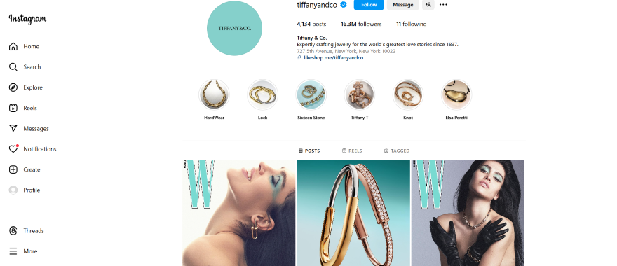 Screenshot of Tiffany & Co's Instagram page