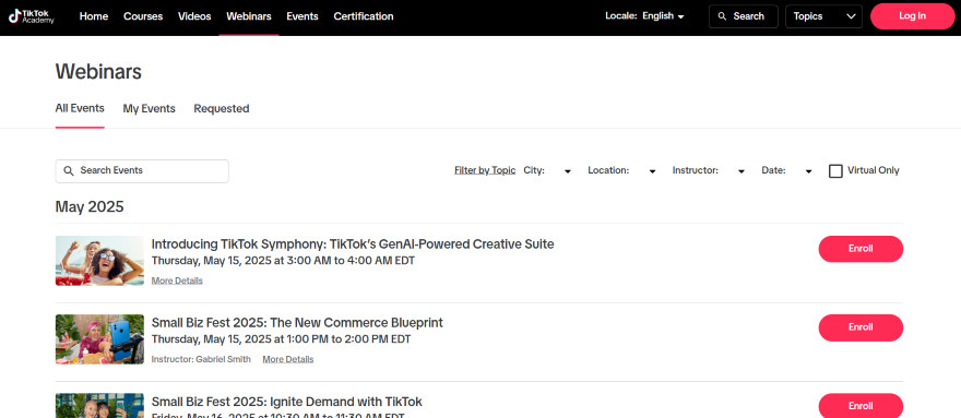 Screenshot of the TikTok Academy with list of webinars to sign up to