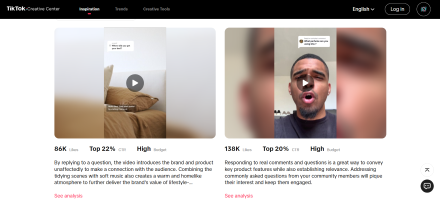 Screenshot of TikTok's inspiration tab showcasing popular videos from other creators