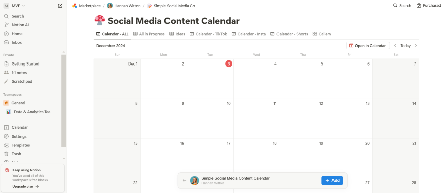 Screenshot of a content calendar on Notion used to plan content