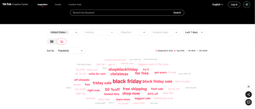Screenshot of a word tree from TikTok's Creative Center showcasing related words for a search query