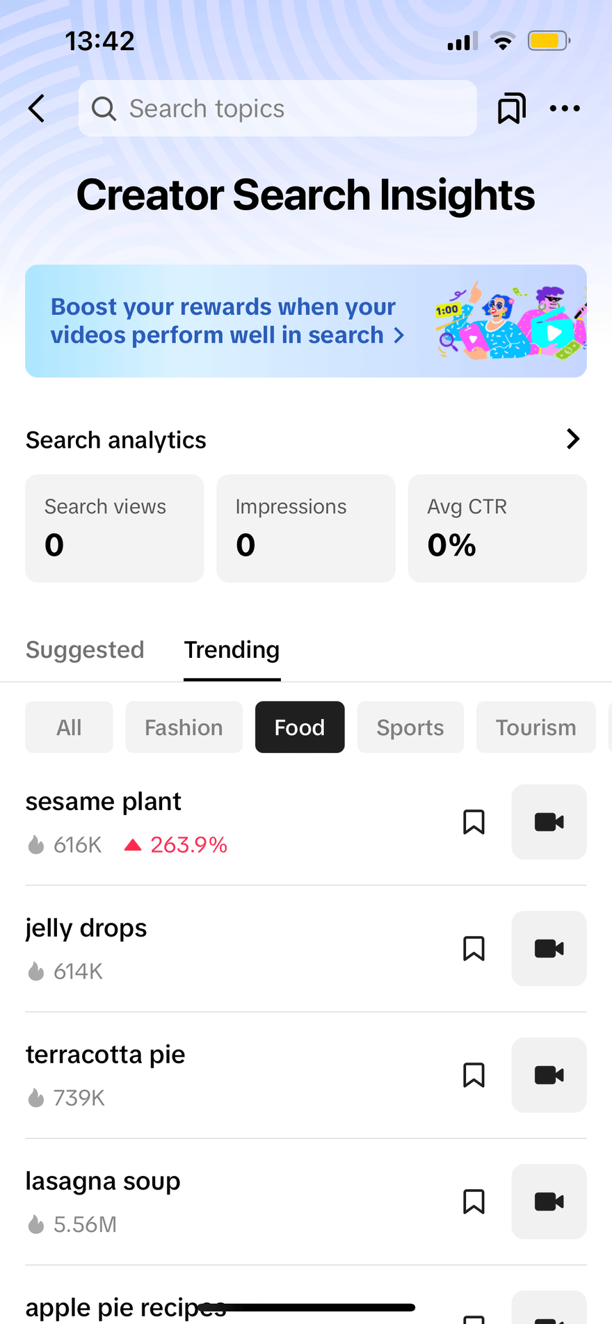 Creator search insights view in TikTok showing trending content under the "Food" category